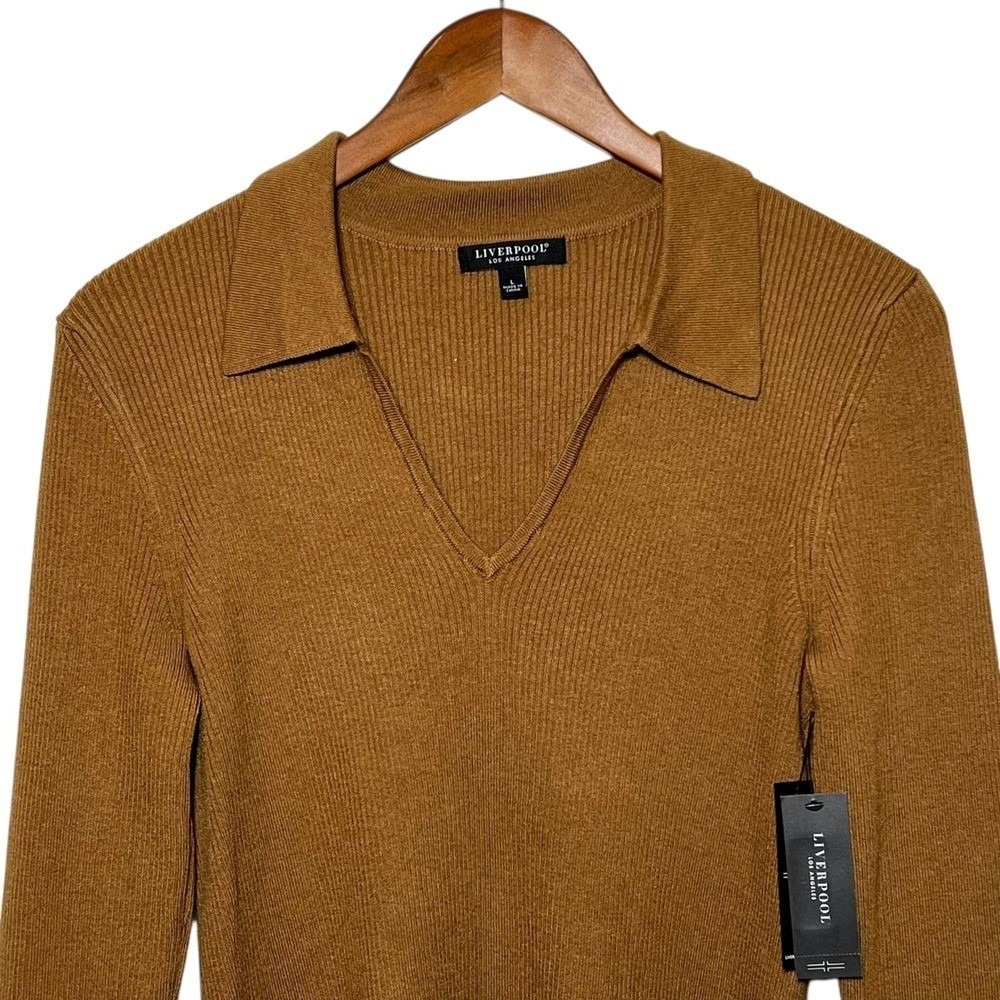 Liverpool Ribbed V-Neck Polo Sweater Large Preppy Euro Autumn Brown Luxe Paris - Picture 2 of 13